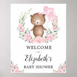 Poster Rose Floral Teddy Ours Girl Baby shower Bienvenue