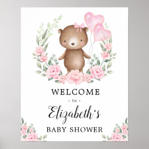 Poster Rose Floral Teddy Ours Girl Baby shower Bienvenue