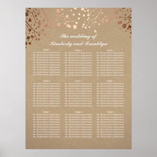 Poster Rose Gold Baby's Breath Mariage Seating Chart (Devant)