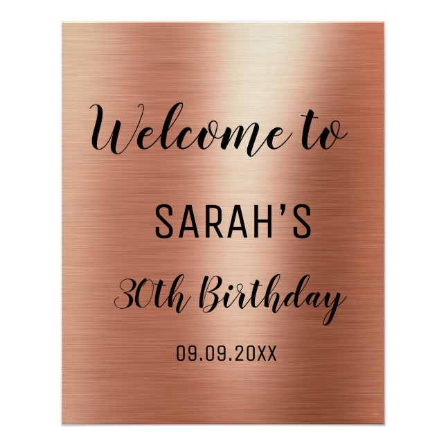 Poster Rose Gold Black Elegant 30e anniversaire Bienvenue (Devant)