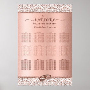 Poster Rose Gold Damask Elegant Wedating Seating Chart