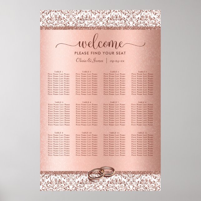 Poster Rose Gold Damask Elegant Wedating Seating Chart (Devant)