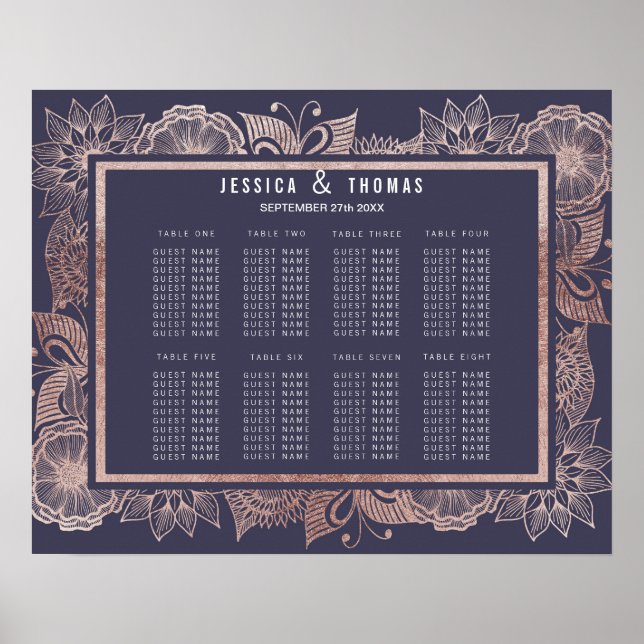 Poster Rose Gold Floral et Marine Blue Seating Chart (Devant)