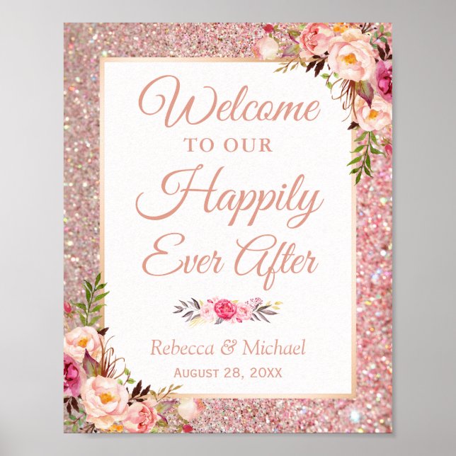 Poster Rose Gold Floral Heureux Jamais après le signe Mar (Devant)