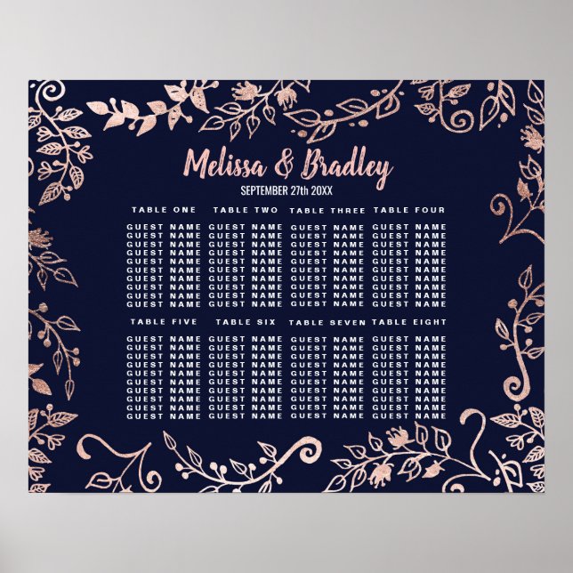 Poster Rose Gold Floral Navy Bleu Brush Sein Graphique (Devant)