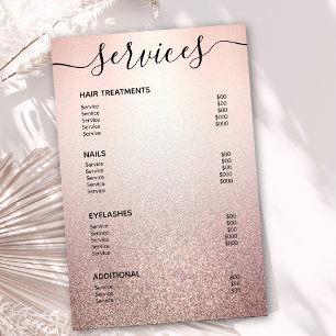 Poster Rose Gold Glitter Ombre Salon Service Menu