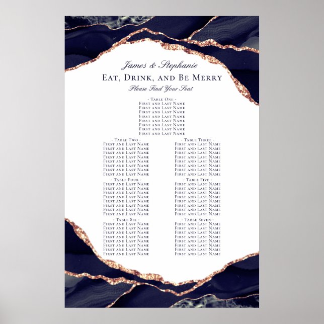 Poster Rose Gold Marine Blue Agate Mariage Siège Carte (Devant)