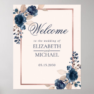 Poster Rose Gold Navy Blue Dusty rose Floral Bienvenue