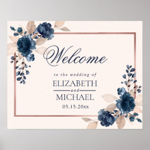 Poster Rose Gold Navy Blue Dusty rose Floral Bienvenue