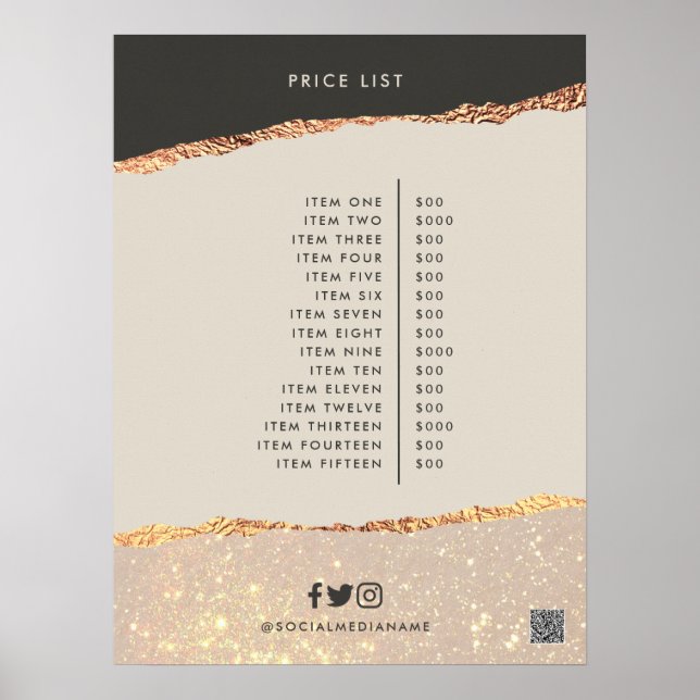 Poster Rose gold noir élégant moderne girly prix code QR (Devant)