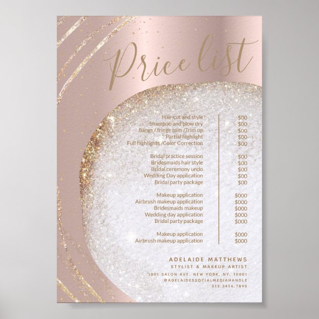 Poster Rose Gold Parties scintillant Stylist Salon Tarifs (Devant)