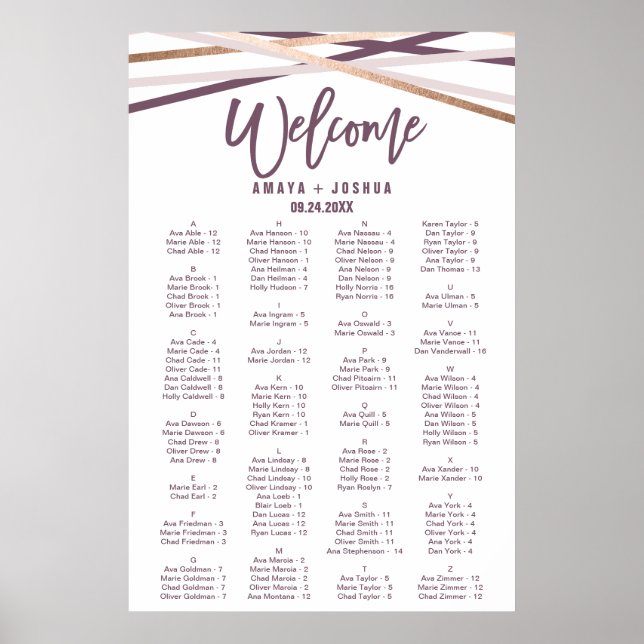 Poster Rose Gold Streamers Graphique de sièges alphabétiq (Devant)