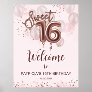 Poster Rose Gold Sweet 16 Anniversaires Ballons Rose Affi