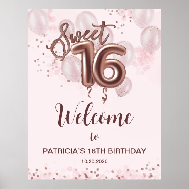 Poster Rose Gold Sweet 16 Anniversaires Ballons Rose Affi (Devant)