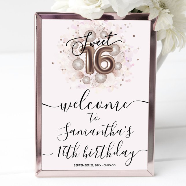 Poster Rose Gold Sweet 16 Anniversaires Ballons rose Affi (Créateur téléchargé)
