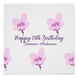Poster Rose mauve floral 15e anniversaire quinceanera nom