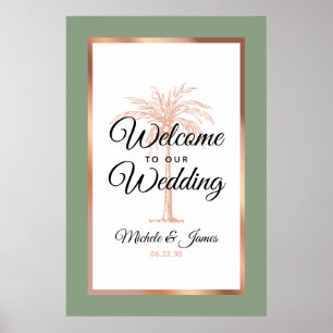 Poster Rose moderne Vert  Gold Palm Mariage Bienvenue