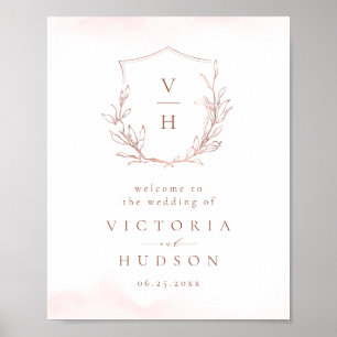 Poster Rose or botanique crête monogramme mariage bienven
