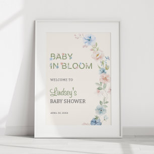 Poster Rose Pâle Bleu Printemps Bébé en Fleur Baby Shower