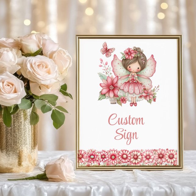 Poster Rose Pâle Fantaisiste Fée Floral 4ème Anniversaire (Pastel Pink Whimsical Fairy Floral 4th Birthday Custom Sign)