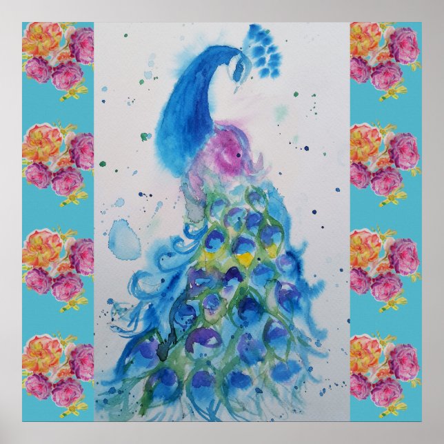 Poster Rose Peacock Blue Bird Aquarelle Aqua (Devant)