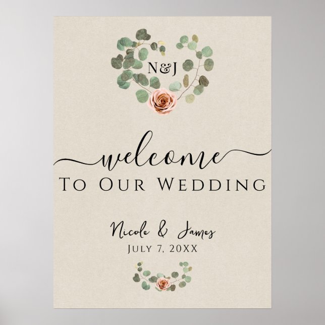 Poster Rose rose et Eucalyptus Coeur Rustique Mariage (Devant)