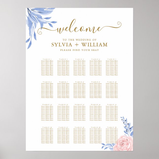 Poster Rose rose Floral Or Blue Mariage Cartes de siège (Devant)