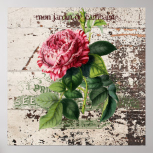 Poster Rose rose sur panneau en bois rustique