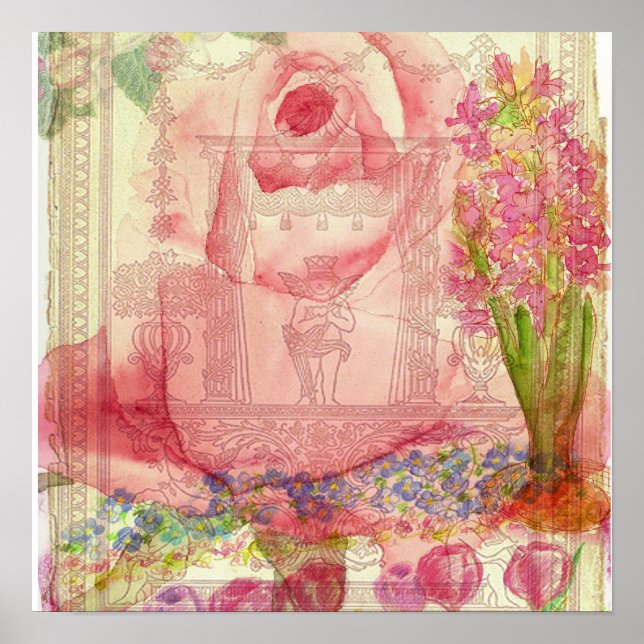 Poster Rose rose victorienne Aquarelle FleursCollage (Devant)