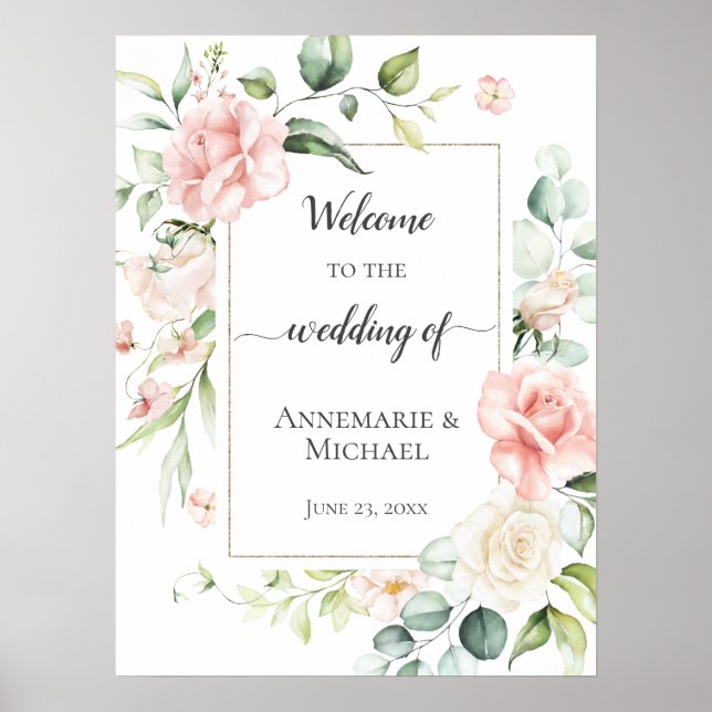 Poster Rose Roses Eucalyptus 18x24 Bienvenue Au Mariage (Devant)