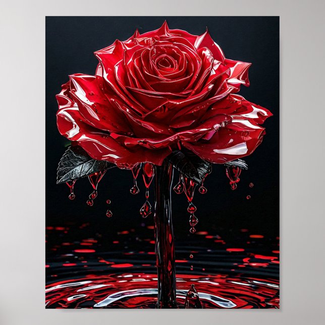Poster Rose Rouge Brillante avec Gouttes de Rosée Romanti (Devant)