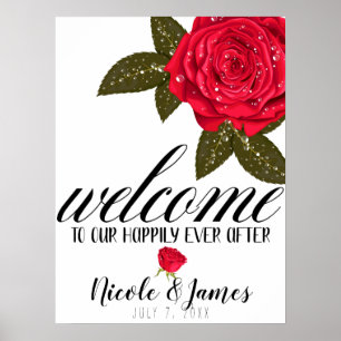 Poster Rose rouge eau humide gouttes Mariage Bienvenue