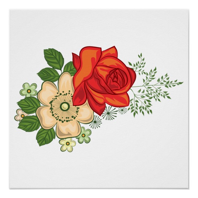 Poster Rose rouge et marguerites (Devant)