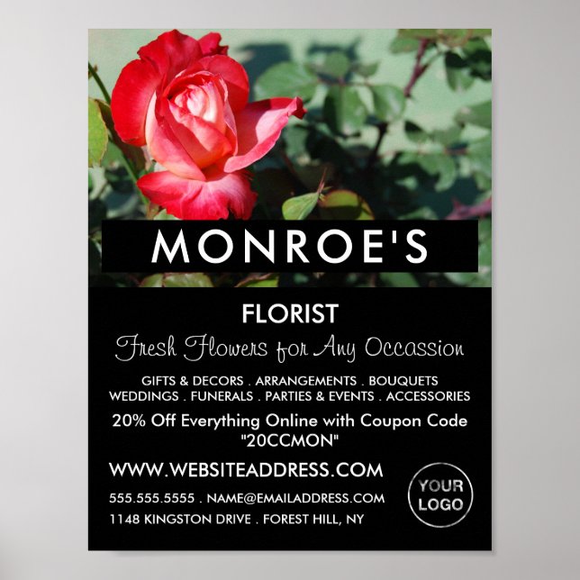 Poster Rose rouge, fleuriste, publicité pour la floricult (Devant)