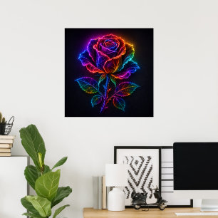 Poster Rose vibrante néon arc-en-ciel en fleurs avec une 