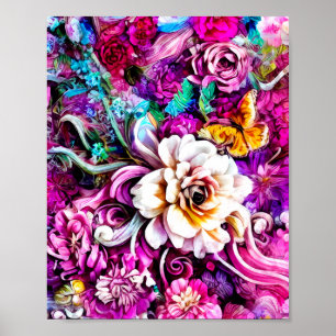 Poster Rose violet bleu Turquoise blanc Jardin Fleurs Ima