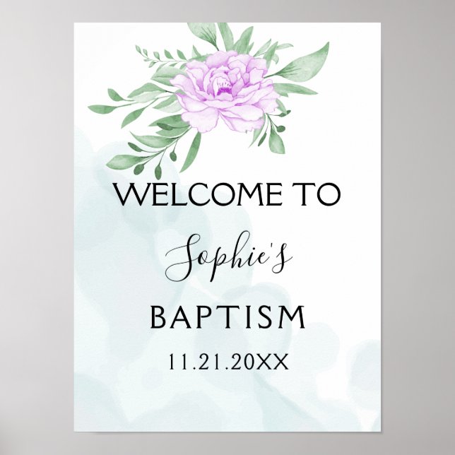 Poster Rose violet Eucalyptus Feuilles Baptême Bienvenue (Devant)