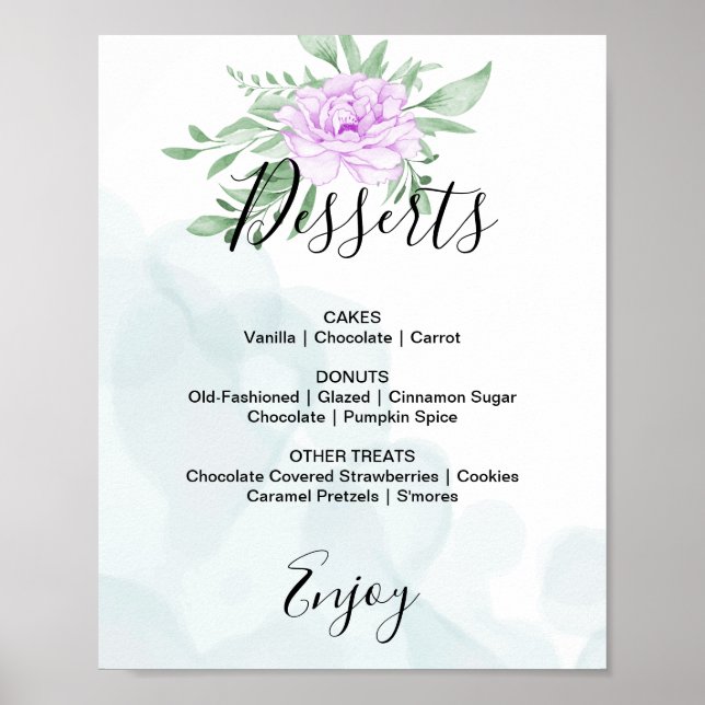 Poster Rose violet Eucalyptus Mariage Dessert Menu Chante (Devant)