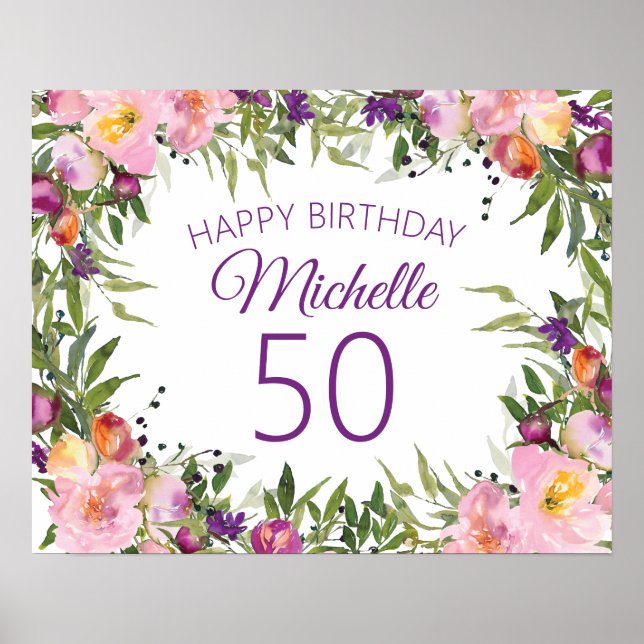 Poster Rose violet Floral Vert Feuilles 50e anniversaire (Devant)