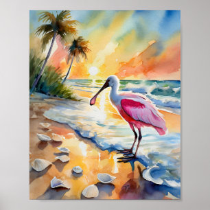 Poster Roseate Spoonbill Floride Coucher de soleil Couleu