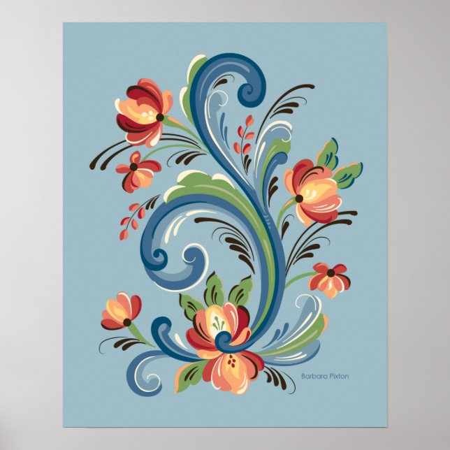 Poster Rosemaling bleu et rouge (Devant)