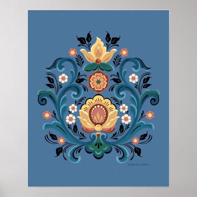 Poster Rosemaling Gold et Bourgogne (Devant)