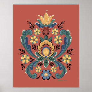 Poster Rosemaling rouge et or