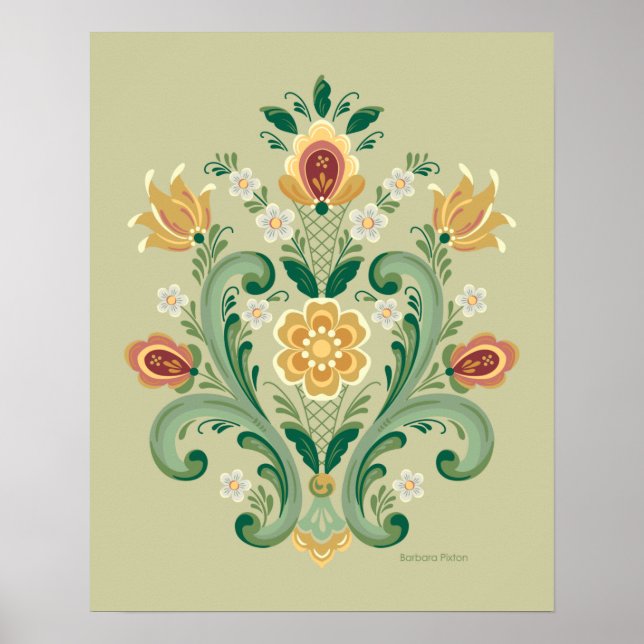 Poster Rosemaling vert et or (Devant)
