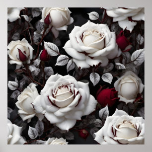 Poster Roses Blanches Bourgogne Avec Feuilles Noirs