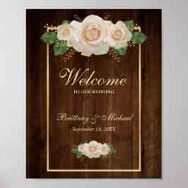 Poster Roses blanches en bois rustique et cadre en or | M