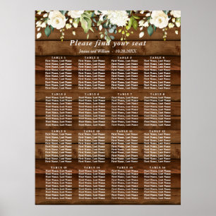 Poster Roses blanches Floral 16 Tables Mariage GRAPHIQUE