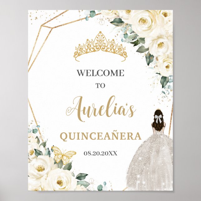 Poster Roses blanches Floral Quinceañera 15 Anniversaire  (Devant)