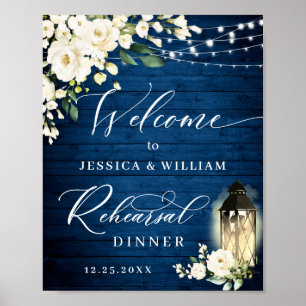 Poster Roses blanches Lanterne Bleu Dîner de répétition e