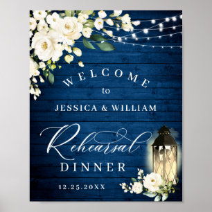 Poster Roses blanches Lanterne Bleu Dîner de répétition e